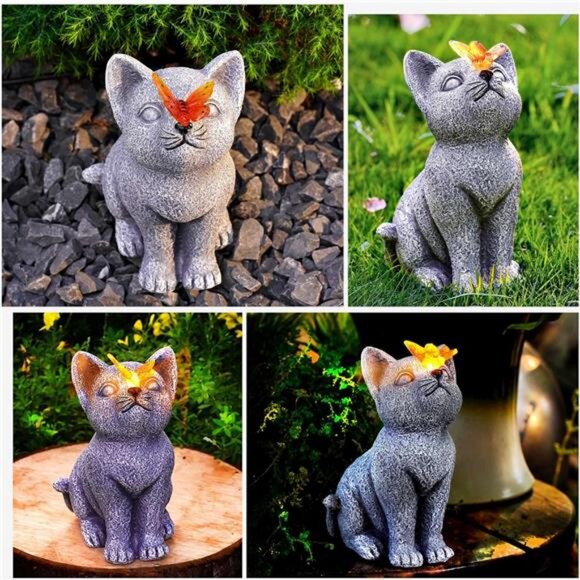 Solar Cat Garden Statue - Outdoor Cat Statue with Solar Butterfly - Picture 4 of 8
